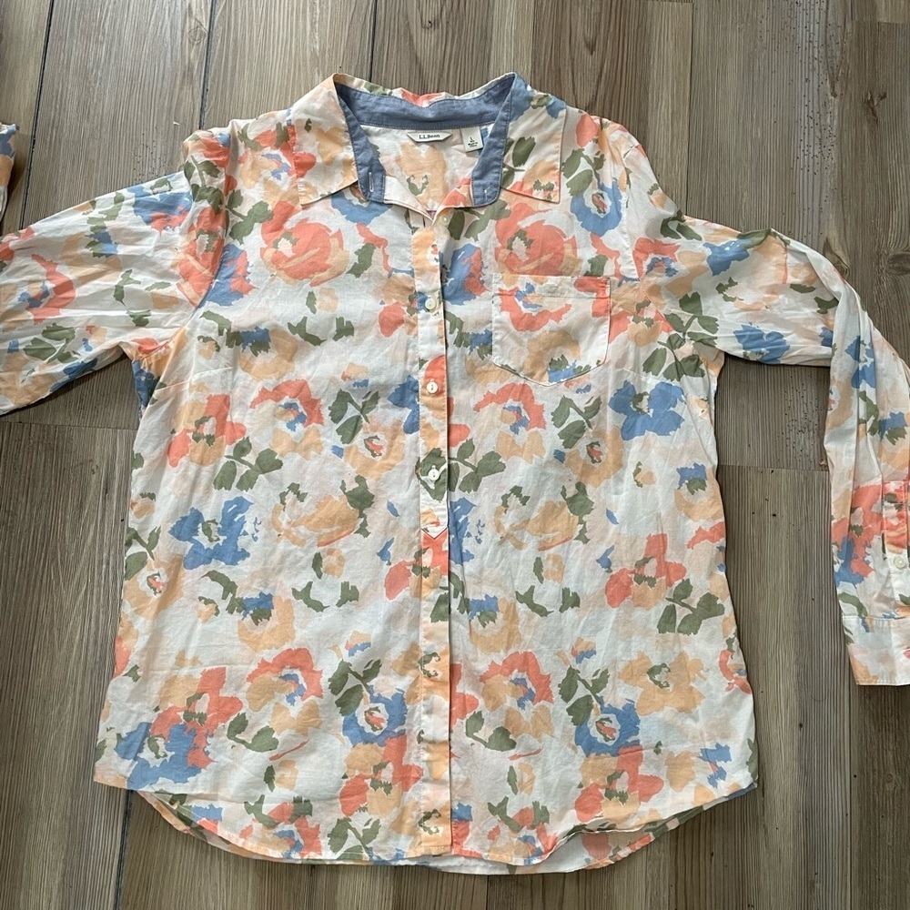 L.L. Bean Floral Button Down Shirt - Orange, Blue, Green - Picture 2 of 11